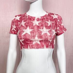 Reworked Christopher & Banks Red Star Stretchy Crop Top P/S Y2K Grunge Patriotic